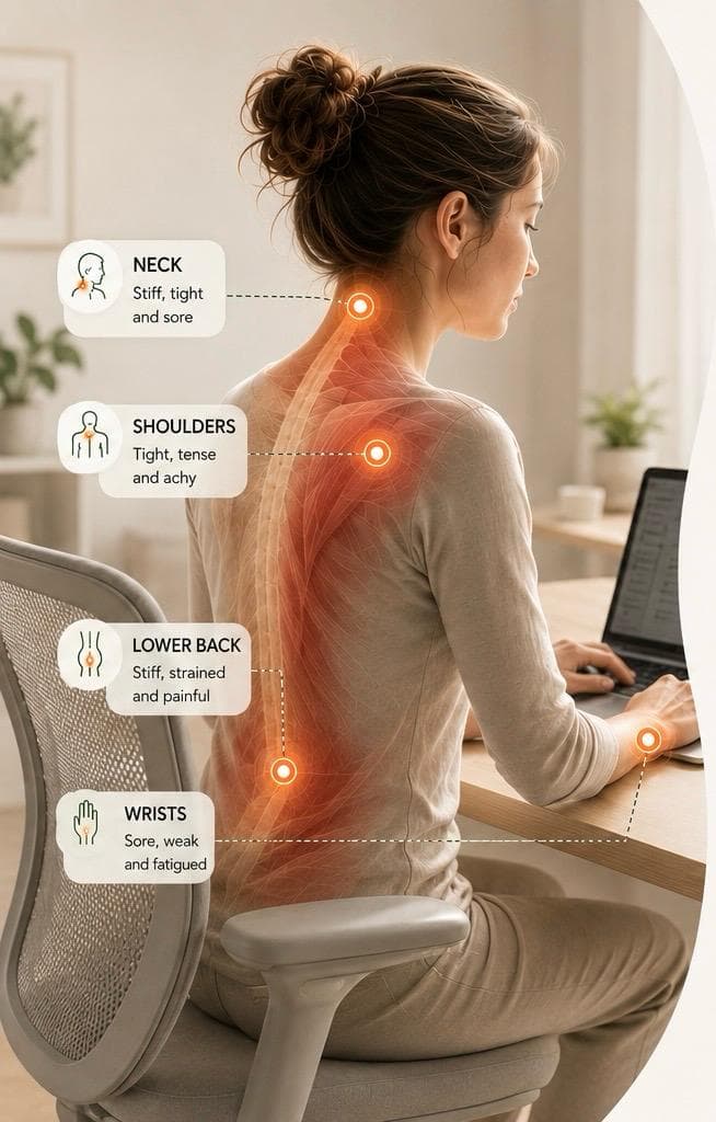 An annotated view of a desk worker: strain highlighted through the neck, shoulders, lower back and wrists